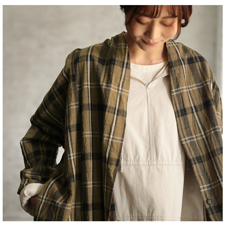 コーデを退屈させない、チェックの羽織り M/L/LL/3L/4Lサイズ レディース/綿麻/ローブ/ガウン/カーディガン/綿/コットン/長袖/ロング丈/ライトアウター/スプリングコート/ショールカラー母の日/プレゼント/ギフト/贈り物
