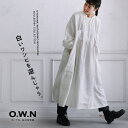O.W.N 遊びが詰まった白いワンピース M/L/LL/3L/4L/5Lサイズ レディース/ロング/長袖/キーネック/スキッパー風/フレア/Aライン/麻/リネン...