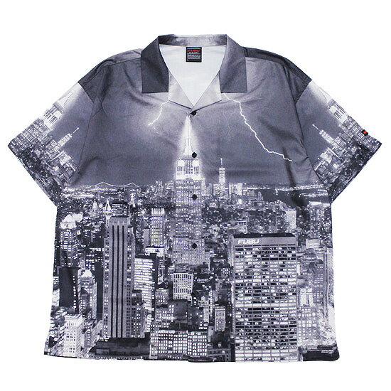 FUBU フブ フーブ 半袖シャツ アロハシャツ NY CITY S/S SHIRT ストリート ヒップホップ 90年代 ワイドシルエット 総柄 フォトプリント ブラック 黒 L XL