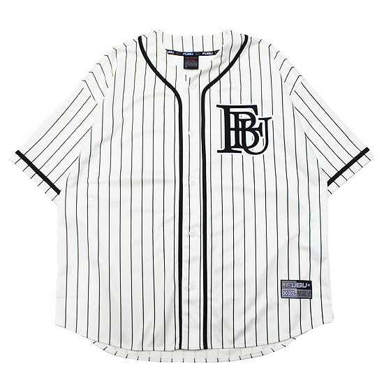FUBU フブ フーブ ストライプ ベースボールシャツ STRIPE BASEBALL SHIRT ストリート ヒップホップ 90年代 ワイドシルエット ロゴ 刺繍 ホワイト 白 L XL
