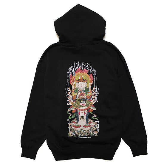 LONELY 論理 ロンリー スウェット パーカー BISYAMONTEN HEAVY HOODIE ストリート ワイドシルエット 毘沙門天 バックプリント 裏起毛 ブラック 黒 XL XXL