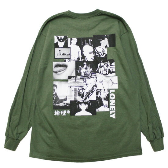 LONELY 論理 ロンリー 長袖Tシャツ ロンT LONELISM10 L/S TEE ストリート ロゴ刺繍 フォトプリント ミリタリーグリーン L XL