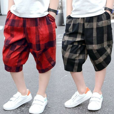 7分丈 パンツ キッズ カジュアルパンツ 男の子 ハーフパンツ ルームウエア 七分丈 ボトムス パンツ 子供服 ゆったり チェック柄 無地 薄手 夏 送料無料 おしゃれ カジュアル ジュニア