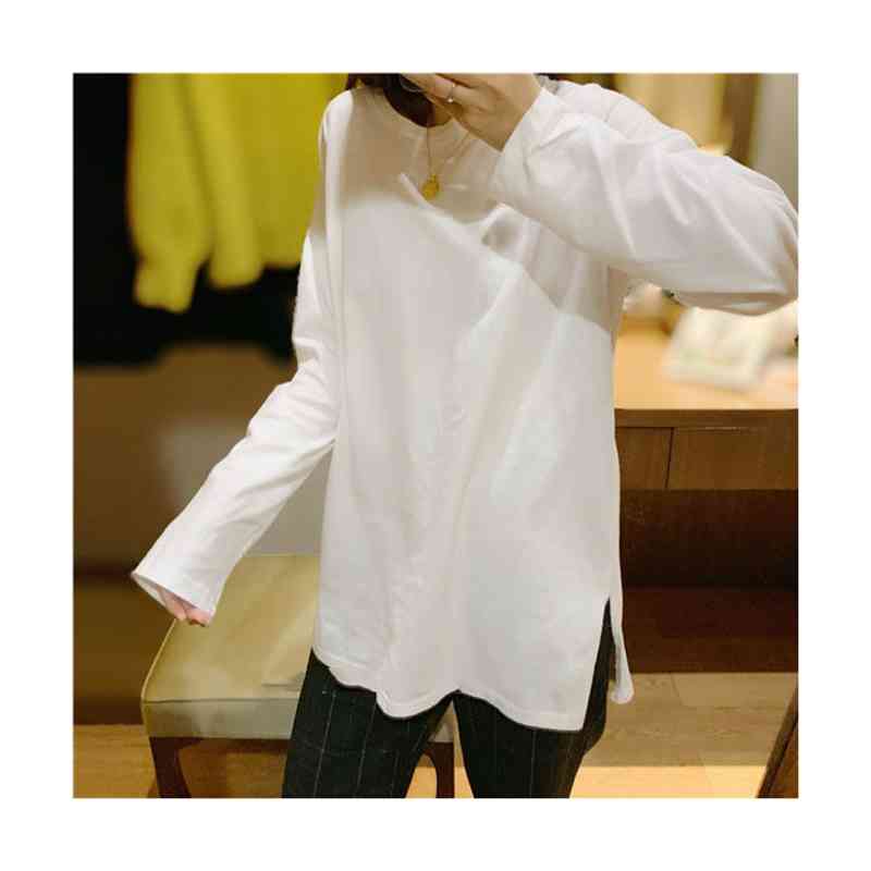 カットソー レディース 長袖 Tシャツ トップス インナー チュニック スリット シンプル 無地 英字 ストレッチ ゆったり オーバーサイズ 大きめ 体型カバー 裏起毛 おしゃれ 柔らかい 暖かい アウター カジュアル お洒落 大人 女性 秋 冬 送料無料 soumnsshop-10021083 FRONT FASHION サンプル画像2