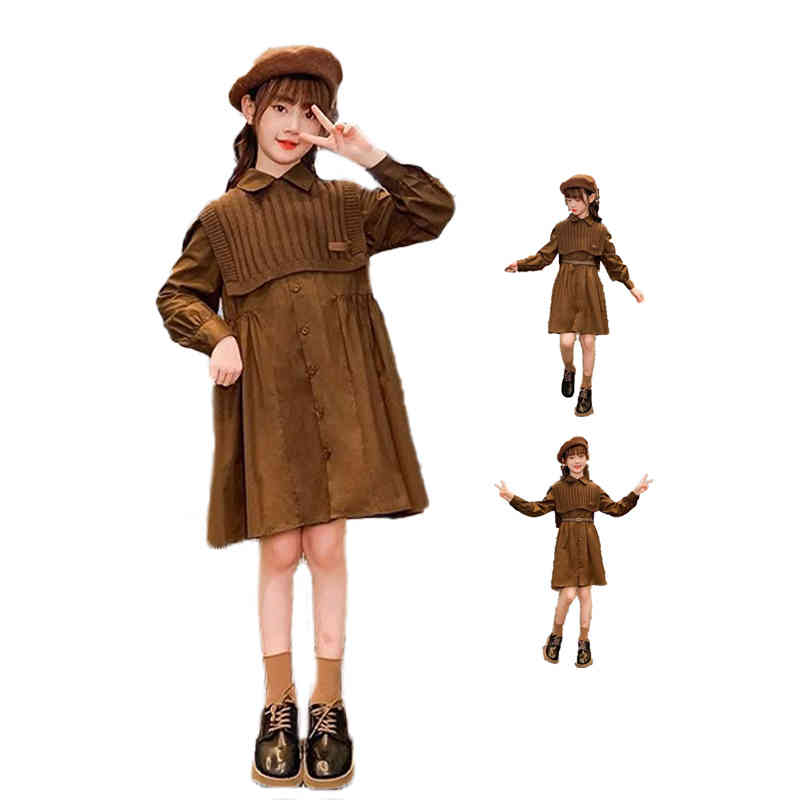 シャツワンピース キッズ 春秋 折襟 ロングワンピース ニットベスト 二点セット おしゃれワンピース 重..