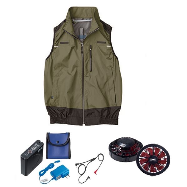 【送料無料】 KU92120 空調服 R ポリエステル製 遮熱フルハーネス仕様ベスト FAN2200BR・RD9261・LISUPER1セット カーキグリーン 5L