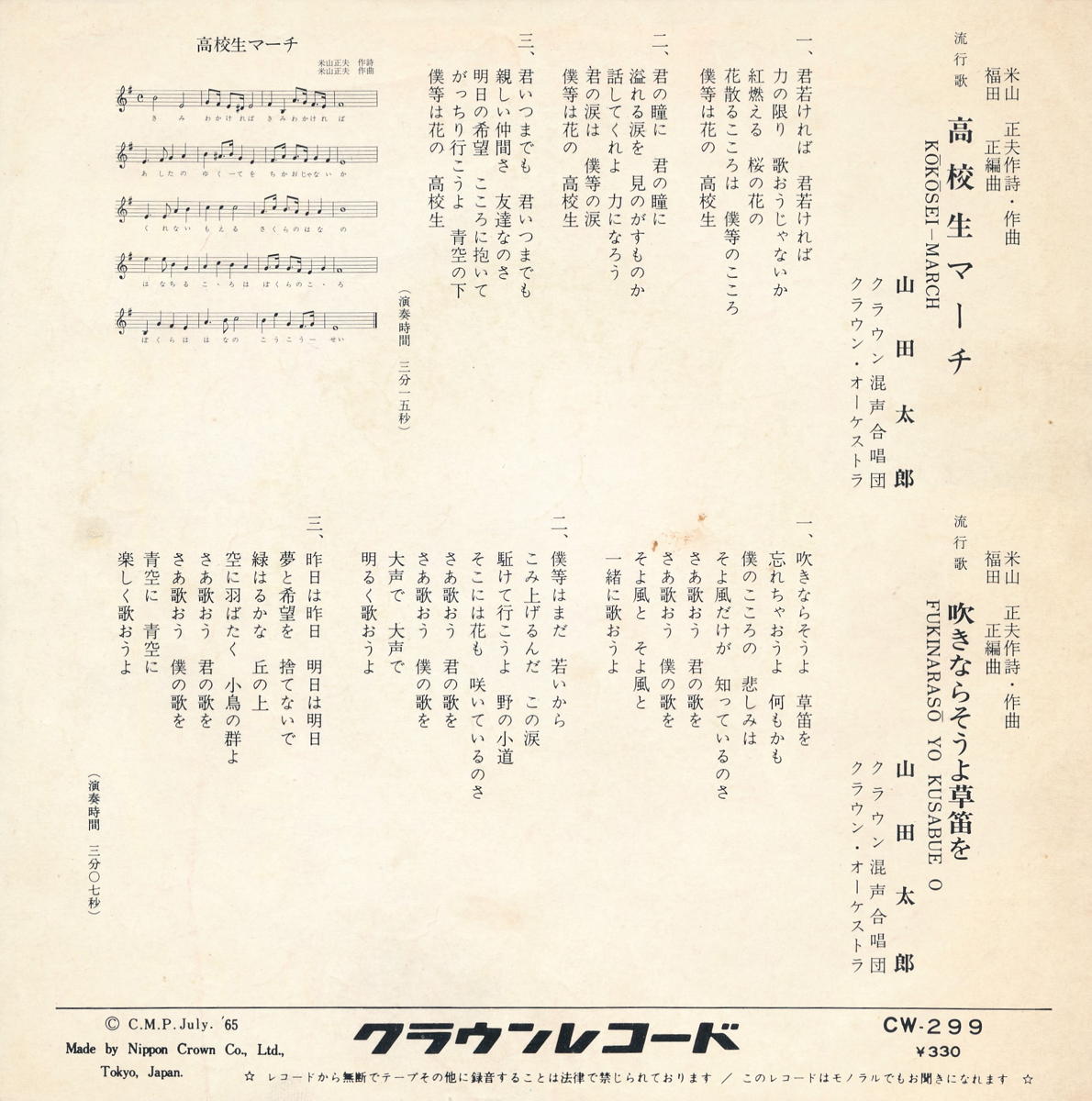 【中古レコード】山田太郎/高校生マーチ/吹きな...の紹介画像2