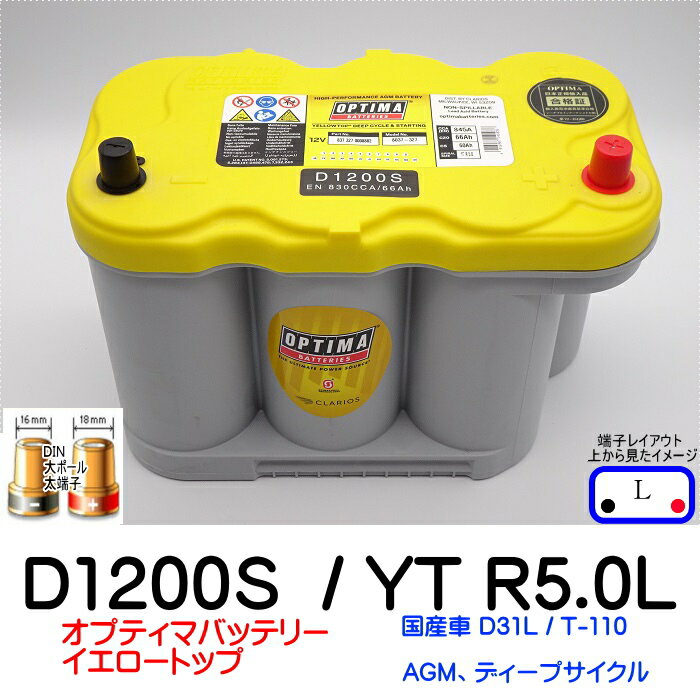 オプティマバッテリー【OPTIMA】イエロートップ　D1200S / YT R-5.0L / 8037-327【Lタイプ 端子DIN】