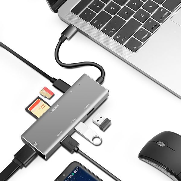 Type C 変換アダプタ 7in1 グレーUSB C ハブ Type C ドッキングステーション USB Type-c Hub HDMI出力 PD給電 USB3.0 ハブ SDカードリーダー Micro SDカードリーダ マイクロ SD カード リーダー 7in1 タイプC 変換 MacBook2016 MacBook Pro/ChromeBook対応