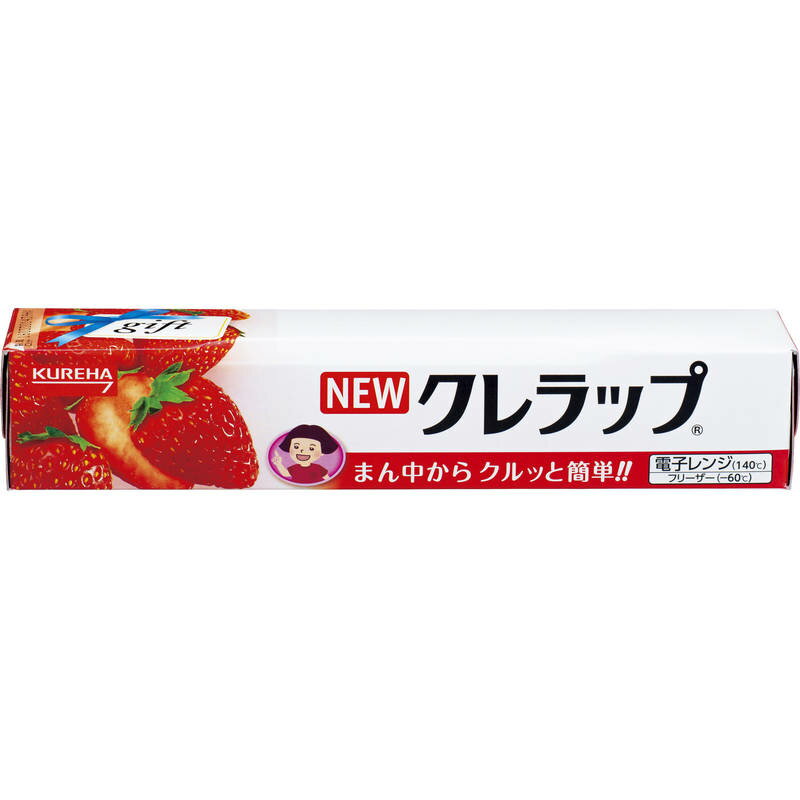 プラスチック刃で廃棄時に刃を簡単に取り出すことができます。（分別廃棄）電子レンジからフリーザーまで使えます。食品の酸化を防ぎ、新鮮に保ちます。V字刃でクルッと簡単にカットできます。【パッケージサイズ】236×43×43mm【内容】22cm×10m【材質】ポリ塩化ビニリデン【生産国】日本【パッケージ形態】裸商品クレハ NEWクレラップ粗品用イチゴ22cm×10m 21-101