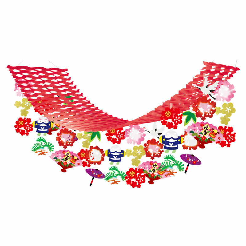 【正月】華やか迎春プリーツハンガー H45×W45×L180cm / 正月 店舗装飾 販促 POP インテリア デコレーション 飾り付け ディスプレイ イベント 吊り装飾