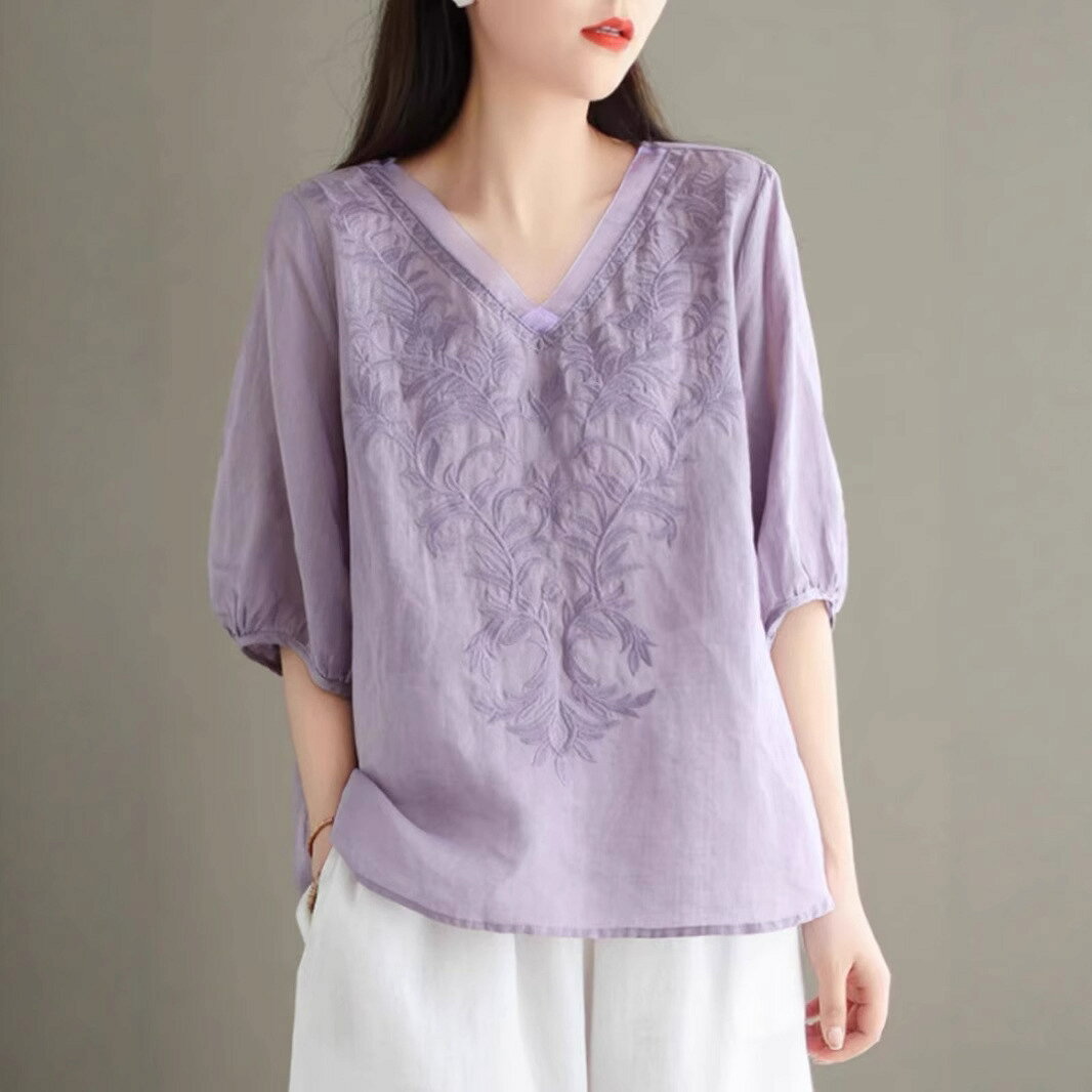 Rakuten - 半袖tシャツ 刺繍 V ネック ブラウス レディース 5 分袖 ゆったり リネン混 トップス 夏 涼しい 大人カジュアル ラベンダー 二の腕カバー 体型カバー