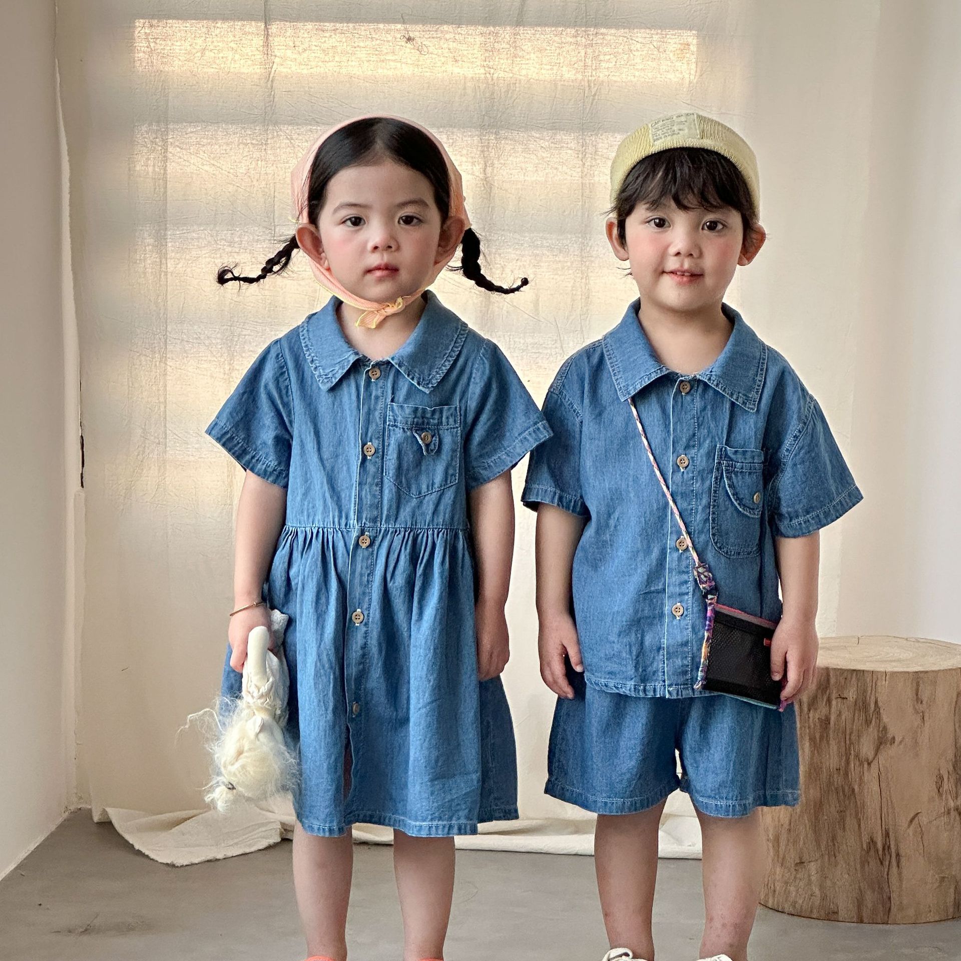 Rakuten - デニム セットアップ キッズ 兄妹 ベビー服 男の子 女の子 ロング ワンピース 子供服 シャツ 半袖 ショートパンツ デニムパンツ 夏服 おしゃれ 可愛い トップス ボトムス ジュニア 赤ちゃん 誕生日 プレゼント 幼稚園 小学生 150cm 140 130 120 110