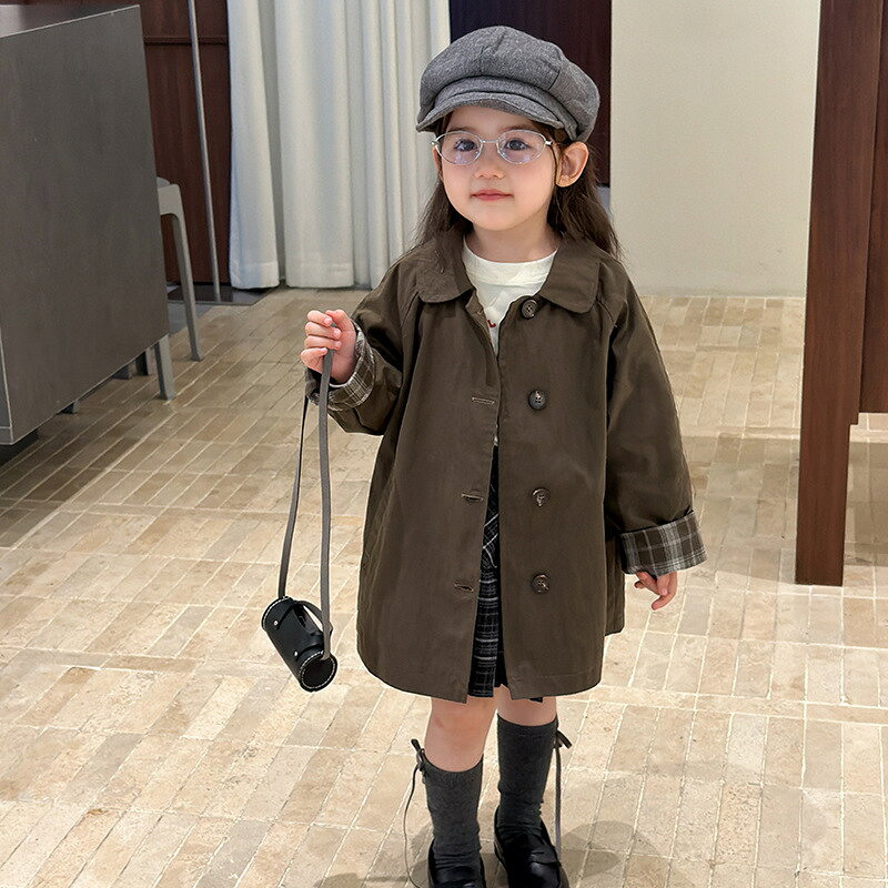 トレンチコート 女の子 キッズ 中長丈 綿素材 春秋アウター 裏地チェック柄…