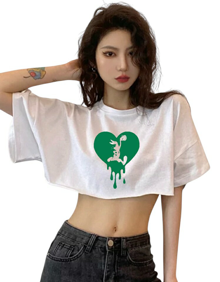Rakuten - Tシャツ tシャツ レディース へそだし ヘソ出し 切りっぱなし 春 夏 半袖 お洒落 ストリート系 白 HIPHOP ロゴ かわいい シンプル プレゼント 誕生日 ギフト 彼女 B系 セクシー 筋トレ 運動 ダンス衣装 文化祭 学生 プレゼント 誕生日 韓国 韓国ファッション Tiktok 動画用