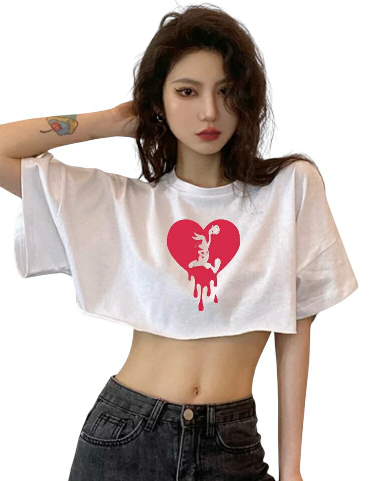 Rakuten - Tシャツ tシャツ レディース へそだし ヘソ出し 切りっぱなし 春 夏 半袖 お洒落 ストリート系 白 HIPHOP ロゴ かわいい シンプル プレゼント 誕生日 ギフト 彼女 B系 セクシー 筋トレ 運動 ダンス衣装 文化祭 学生 プレゼント 誕生日 韓国 韓国ファッション Tiktok 動画用