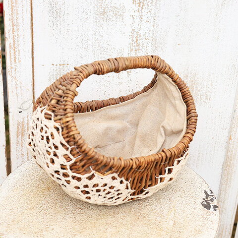 【閉店セール／返品不可／在庫限り】インテリア雑貨 木製カゴ レース刺繍編み バスケットL