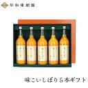 ■商品情報■ 濃厚な有田みかんだけを選別し、糖度12度以上の無添加 100％ストレートの贅沢なジュース「味こいしぼり」の5本ギフトセットです。しぼり方にもこだわりました。一つ一つ丁寧に皮をむき、フクロごとごとしぼる事で果汁に含まれる食物繊維の量を大幅にアップ。まろやかでとろみのある深い味わいに仕上がっています。 内容量 味こいしぼり720ml×5本 栄養成分表示(180mlあたり) エネルギー：99kcal　たんぱく質：1.1g　脂質：0g　炭水化物：23.8g　食塩相当量：0g 賞味期限 味一しぼり：製造日より12ヶ月 ※商品に記載しております。 保存方法 直射日光を避け、常温保存 備考 開栓後は冷蔵庫に保管し、お早めにお召し上がりください。 のし・包装について のし・包装は無料で承りますので、通信欄にご記入下さい。 お気軽にご利用ください。詳しくは こちら メッセージカードについて お客様のお気持ちを伝えるメッセージカードをお付けする事ができます。(無料）注文の際に、用途やメッセージ文などを備考欄にご記入ください。 お届け日時指定 ご希望のお届け日がある場合は、日時をご指定いただけます。時間のみの指定も可能です。都合が悪い日のご指定をされる場合は備考欄にてお知らせください。 発送形態 ダンボール 様々なシーンでご利用頂けます 【 季節の贈り物に 】 御年賀 お年賀 お正月 御正月 お年玉 新年会 成人式 成人祝い 年始 バレンタインデー バレンタインデイ プチギフト 節分 寒中お見舞 ホワイトデー ホワイトデイ 雛祭り ひな祭り__ひなまつり 送迎会 桃の節句 春彼岸 御彼岸 彼岸入 お彼岸 退職祝い 定年祝い 卒業祝い 合格祝い 進学祝い 入社祝い 入学祝い 入園祝い 就職祝い 転勤祝い 昇進祝い 就任引越祝い 引越し祝い 引越し挨拶 お花見 帰省祝い GW ゴールデンウィーク 端午の節句 菖蒲の節句 子供の日 こどもの日 母の日 初節句御祝 父の日 御中元 お中元 中元 七夕 暑中御見舞い 残暑見舞い 残暑御見舞 夏祭り 御盆 お盆 お盆休み お月見 十五夜 敬老の日 秋彼岸 御彼岸 彼岸入 お彼岸 体育の日 運動会 ハロウィン 七五三 御歳暮 お歳暮 勤労感謝の日 暮れの挨拶 御歳暮 お歳暮 忘年会 お得意様まわり クリスマス クリスマスプレゼント 年末 【 ちょっとした手土産やプレゼントに 】 御祝 御礼 贈答品 ギフト 御挨拶 粗品 お使い物 贈りもの 御祝い お祝い ギフト プレゼント お土産 手土産 粗品 進物 引き菓子 お返し 【 色んなシーンで 】 内祝い 内祝 結婚祝い 出産内祝 結婚内祝 入学内祝 御祝 進学 成人式 結婚式 引き出物 退職祝 プチギフト 七五三 進学内祝 御返し お返し お祝い返し 婚約祝い 金婚式 銀婚式 喜寿祝い 古希祝い 還暦祝い 帰省土産 御見舞 退院祝い 全快祝い 快気祝い 快気内祝い 心ばかり 寸志 御供 お供え物 粗供養 御仏前 御佛前 御霊前 香典返し 法要 仏事 新盆 新盆見舞い 法事 法事引き出物 法事引出物 年回忌法要 一周忌 三回忌 七回忌 十三回忌 十七回忌 二十三回忌 二十七回忌 お世話になりました ありがとう 【 こんな方に最適 】 お子様 お孫さん シニア層 おばあちゃん おじいちゃん 先生 職場 先輩 後輩 同僚 上司