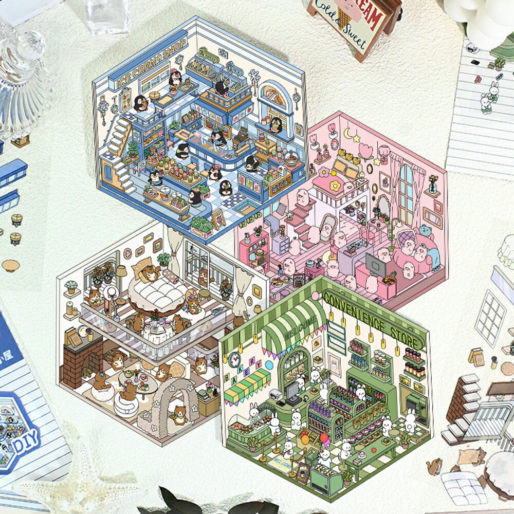 2.5D 立体 シーンシール 造景シール 紙ミニチュア模型 ステッカー おもしろ 手帳 シール 可愛い セット 紙 ドールハウス diy シール 初心者 手作りキット ストレス解消 おもちゃ ミニチュアハウス 紙素 ノート 手帳素材パック　ピン付きセット付き