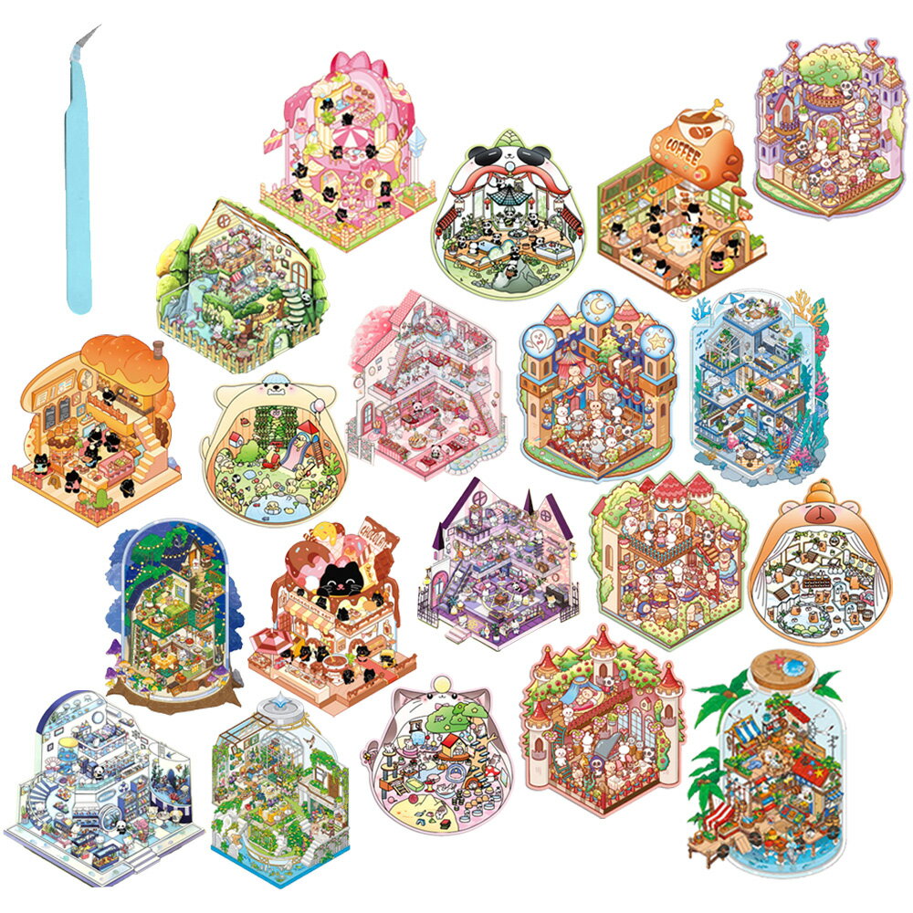 3dハウス ステッカー セット シーンシール 造景シール diy 紙 ドールハウス ミニチュア 立体シール ストレス解消 グッズ 手帳 デコ コラージュ 素材 シール 没頭型作業 おままごと 手作り感満点 風景 ステッカー ピンセット付き(3)