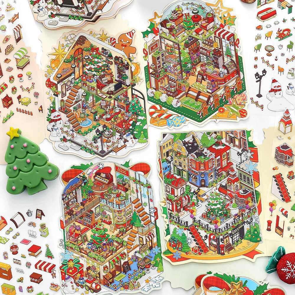 樂天商城 - 立体 ハウス ステッカー クリスマス 造景シール 3d シーン 紙素材 コラージュ ミニチュアハウス ストレス解消 ドールハウス おもちゃ デコ ピンセット付き