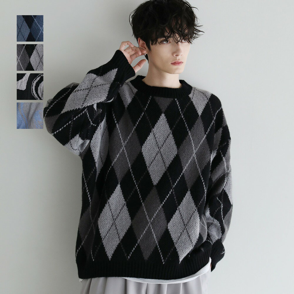 ニット クルーネック メンズ モヘアライク ジャガード 総柄 防寒 秋 冬 総柄 アーガイル アート M L