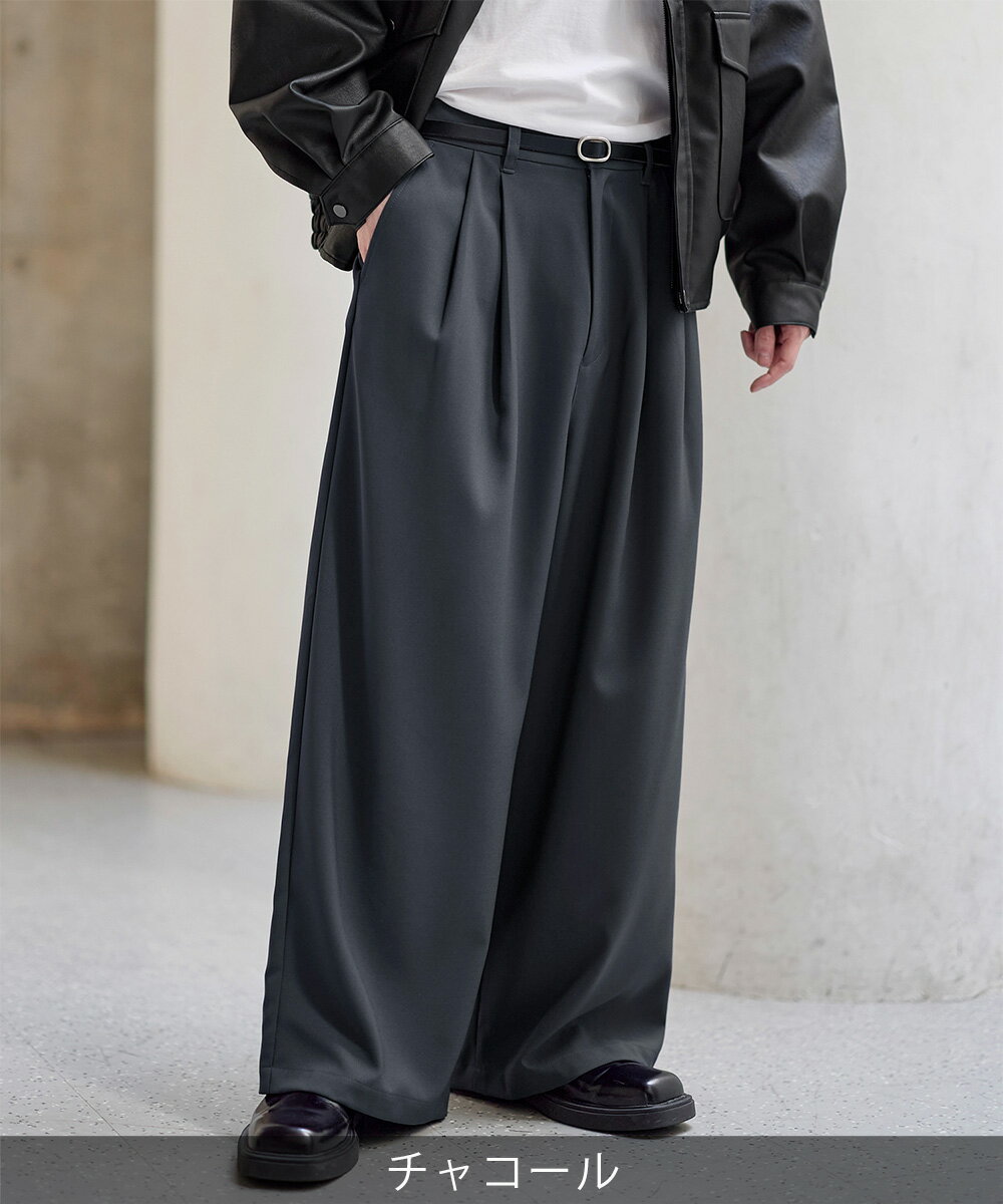 ワイドパンツ メンズ 防シワ スラックス バギー 2タック キレイめ カジュアル トレンド 無地 パンツ ボトムス ストレッチ S M L XL 春 春服 夏 夏服 秋 秋服 冬 冬服 オールシーズン ロングシーズン