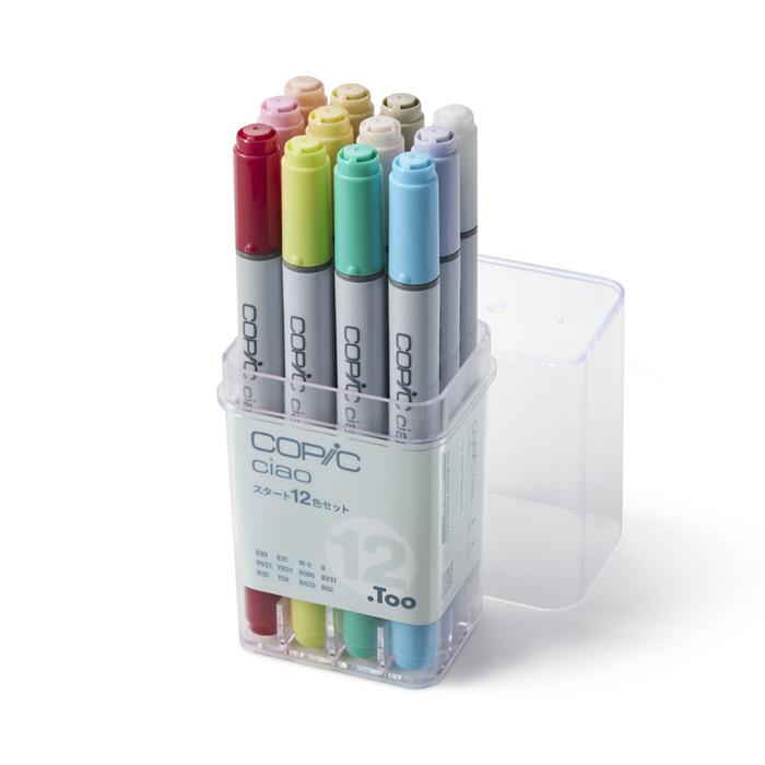 コピック チャオ 12色 チャオセット12色 コピック ペン コピックチャオ スタートセット アルコールマーカー イラストマーカー 漫画制作 カラーペン マーカーペン イラスト画材 初心者向けセット 淡色中心 ブラシニブ ブロードニブ インク補充可能 ニブ交換可能 ケース入り 2