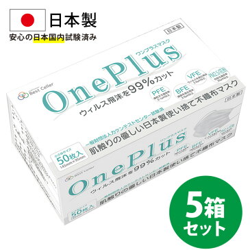 マスク 不織布 日本製 50枚 OnePlus(ワンプラス) 白 ホワイト 小さめサイズ 女性用 子供用 3層構造 250枚セット(50枚入り×5) 99%カット高性能フィルター