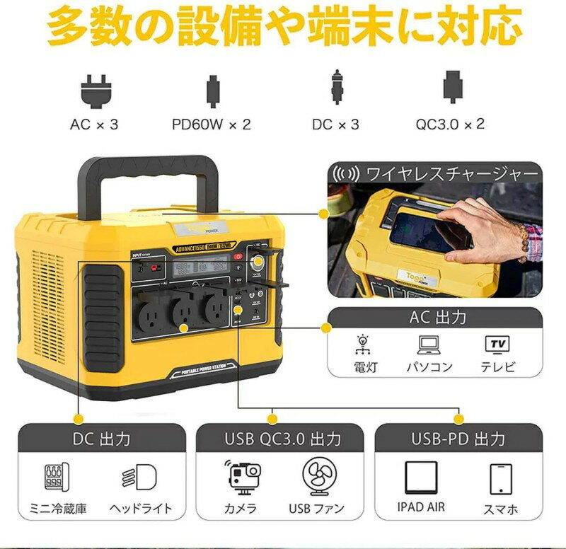 TogoPower ADVANCE1550 �ݡ����֥��Ÿ� 1500W 1512Wh PSEǧ�ں� USB-A QC3.0 USB-C PD �磻��쥹���� LED�饤�� BBQ ������ ���٥�� �ɺ� �ҳ� ��� �۵� ���� �������� ������ ����� ���� �Хåƥ꡼