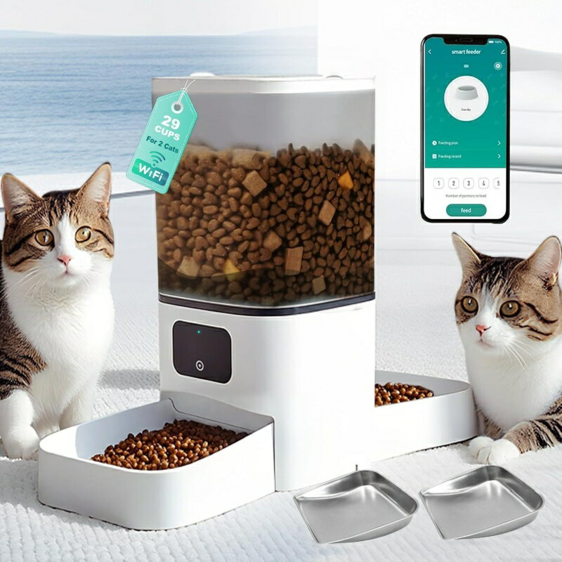 Automatic Food Dish - 自動給餌器 猫 犬 自動餌やり機 ペット給餌機 スマホ遠隔 ペット給餌器 タイマー 自動給餌機 ペット自動給餌器 猫 定時定量 6L 大容量 半透明タイプ ステンレス製ボウル 清潔便利 2WAY給電