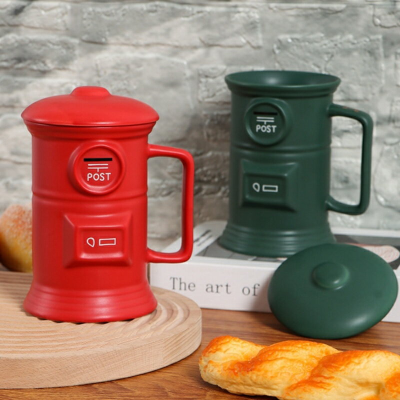 Rakuten - マグカップ 蓋付き コーヒーカップ 陶器 おしゃれ レトロ 郵便ポスト型 500ml大容量 カップ セラミック 雑貨 かわいい ユニーク プレゼント 誕生日 記念日 (レッド / グリーン)
