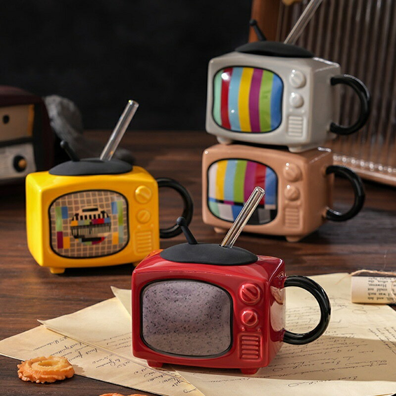 乐天商城 - マグカップ フタ付き ストロー付き レトロ テレビ型 陶器 おしゃれ かわいい ポップ コーヒーカップ ティーカップ カフェ コップ ふた付き アンテナ付き おうち時間 ギフト プレゼント