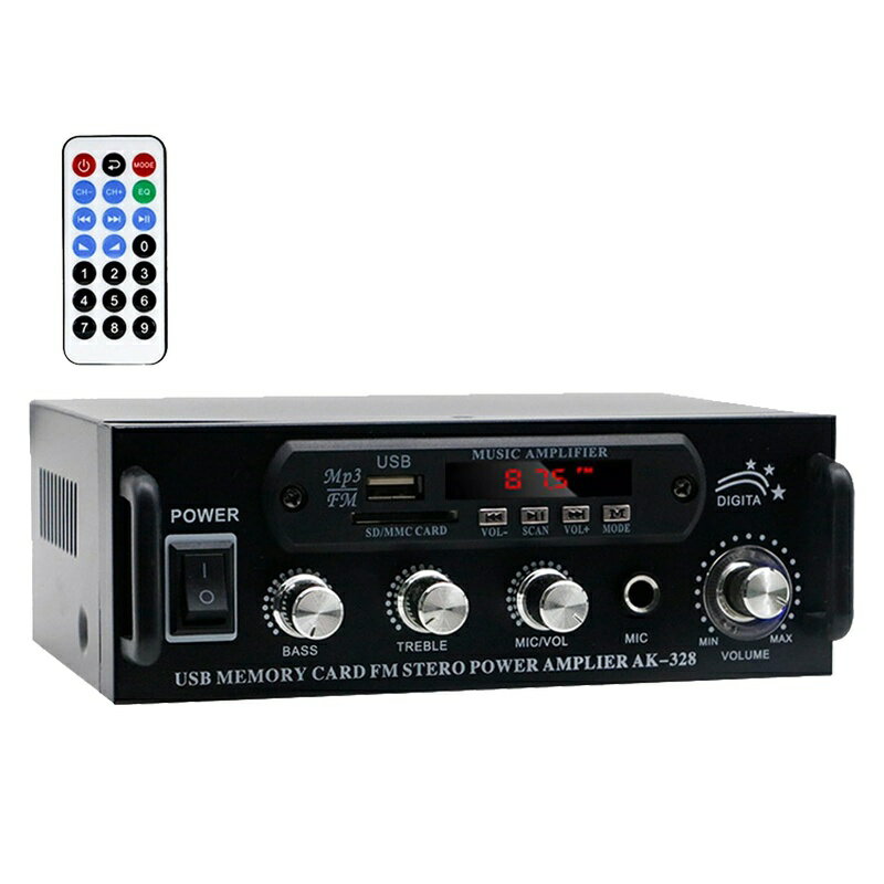 ☆【HIFI高音質パワーアンプ】高性能チップを採用したHIFI対応パワーアンプ。高音・低音の音質調整が可能で、音楽の細かなニュアンスまでクリアに再生します。家庭用オーディオとしてはもちろん、車載オーディオシステムにも適した高音質アンプです。☆【Bluetooth対応・多機器接続】Bluetooth接続に対応し、スマートフォン・タブレット・ノートPCなどのBluetoothデバイスと簡単に接続できます。さらにUSBやSDカードにも対応しており、さまざまな音源から音楽再生を楽しめます。☆【デジタルステレオアンプ】音量調整ノブや音質コントロールを搭載し、操作も簡単。CD・DVDプレーヤー、MP3プレーヤー、PCなどの外部オーディオ機器と接続して使用できます。スピーカーの音声増幅に対応したデジタルステレオオーディオアンプです。☆【リモコン付き・マイク入力対応】赤外線リモコン付きで離れた場所からでも操作可能。マイク入力にも対応しており、音楽再生とカラオケを同時に楽しめます。マイク音量やスピーカー音量の調整も個別に設定できます。☆【コンパクト設計・幅広い用途】4～16Ωのパッシブスピーカーに対応し、最大60W出力で家庭用スピーカーをしっかり駆動。コンパクトで軽量なデザインのため設置も簡単。家庭での音楽鑑賞、カラオケ、パーティー、イベントなどさまざまなシーンで活躍します。※本商品は、電波法令で定められている技術基準に適合していることを証明する技適マークが貼付されていない無線機器であり、日本国内で使用する場合は、電波法違反になるおそれがございます。ご使用の際には、十分ご注意いただきますようお願いいたします。詳しくは、最寄りの総務省総合通信局へお問い合わせください。※説明書は外国語となります。※配送または仕入状況により商品の箱に凹み、スレ等がある場合がございます。パッケージ不良による交換返品は対応出来かねますので、ご了承をお願いします。