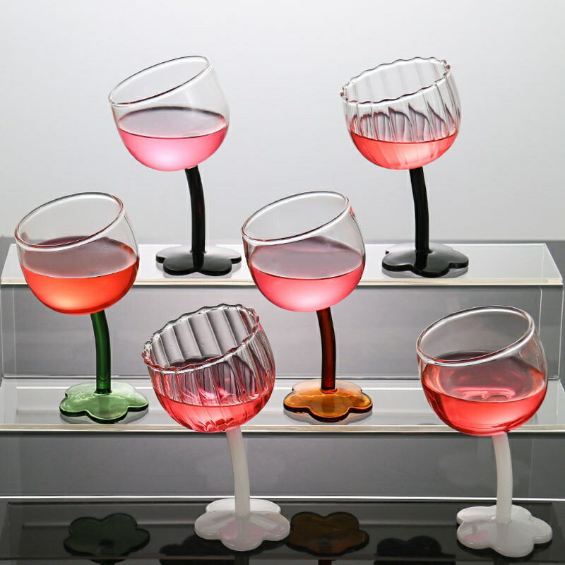 ワイングラス おしゃれ ガラス 斜め デザイン お花 フラワー レトロ かわいい グラス コップ カフェ風 カラフル 脚付き デザートグラス パフェ カクテル ギフト プレゼント 女子会 誕生日 引っ越し祝い 200ml