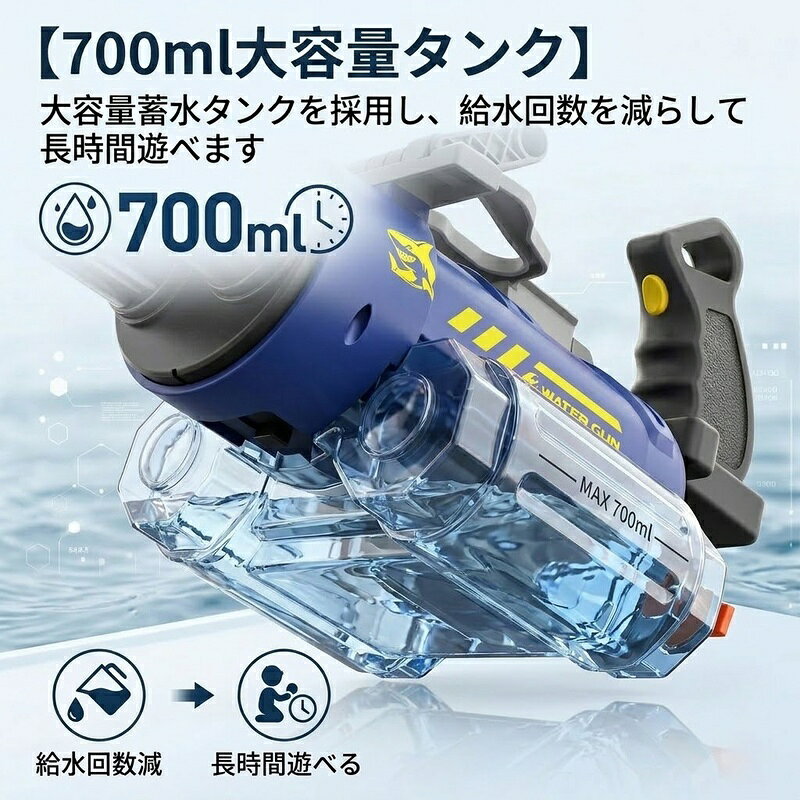 電動ウォーターガン 水鉄砲 音声操作対応 LEDライト搭載 双噴射口 回転発射 高速連...