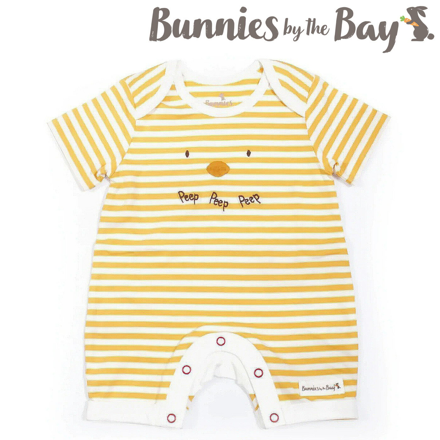 バニーズバイザベイ bunniesbythebay 黄色いヒヨコがかわいいイエローボーダー半袖ロンパース 肌着 ボディスーツ ホワイト 赤ちゃん ベビー キッズ 肌着 出産祝い プレゼント ギフト 新生児 乳児 子供 女の子 男の子 綿 春 秋 冬 海外ベビー服 ひよこ 鳥