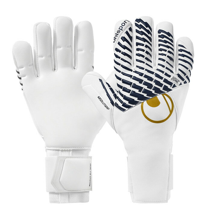 メーカー：ウールシュポルト (uhlsport)品名：プレミアムエディション アブソルートグリップ ハーフネガティブ品番：101137502●カラーホワイト×ネイビー×ゴールド●サイズ7号/8号/9号2026年モデル究極のグリップ力・衝撃吸収性が最高のパフォーマンスを発揮。・パーム：アブソルートグリップ・フィンガーカット：ハーフネガティブ・リバウンドゾーン(ラテックス)・親指：内側巻き込み縫製・パーム指：3Dフレックス・指股：ラテックス＋通気孔・バックハンド：ラテックス、テキスタイル・手首：デュアルフィックスシステム、フレックスエントリーキーワード: uhlsport ウールシュポルト キーパーグローブ キーパー手袋 ゴールキーパー GK当店は他ネット店舗と在庫を共用しております。在庫更新のタイムラグの為に販売できない可能性があります。万が一、在庫切れの際はご容赦下さいませ。