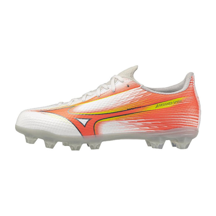 メーカー：ミズノ (mizuno)品名：ミズノアルファ3 SELECT Jr品番：P1GB266554●アッパー合成皮革、合成繊維●アウトソール合成底●スタッド合成樹脂(固定式)●ワイズ2E相当●カラーホワイト×オレンジ×イエロー●その他仕様メッシュインソール(取り外し可)●対応グラウンド土・人工芝・天然芝●生産国カンボジア製2026年6月発売このフィットが、スピードを変える。トップモデルの機能を搭載しながら、足に沿うようなワイドフィットが魅力のエントリーモデル。メッシュ素材を採用したアッパーとニット素材を採用したタングが柔らかなフィット感を実現。アウトソールはα Triangle Stud採用で、縦へのスピードにフォーカス。トップモデルに比べて、耐久性のあるアウトソールが魅力。シューズの命とも言えるラストには、ワイドラストを採用し、幅広で安心感のある履き心地を追求。●キーワード: mizuno ミズノ α アルファ サッカー スパイク シューズ ジュニア Jr キッズ 子供当店は他ネット店舗と在庫を共用しております。在庫更新のタイムラグの為に販売できない可能性があります。万が一、在庫切れの際はご容赦下さいませ。