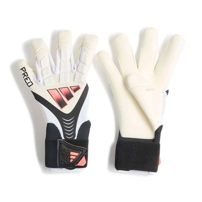 サッカー キーパーグローブ キーパー手袋 7号 8号 9号メーカー：アディダス (adidas)品名：プレデター Pro ハイブリッドカット ストラップ ゴールキーパーグローブ品番：DVZ92-KE9725●カラーSolar Turbo/Black/White●素材天然ラバー80%/合成ラバー20%●サイズ7号/8号/9号ハイブリッド フィンガーカットでグリップ力を高め、ストラップでしっかりと固定できる、ハイパフォーマンス仕様のゴールキーパーグローブ。ゴールエリアを掌握したい守護神に向けたプレデター プロ ハイブリッド カット ストラップ ゴールキーパー グローブ。URG 2.0+パームとハイブリッド フィンガーカットを採用し、指先を覆うように配置したラテックスと親指を包み込むラップ構造が、ファーストタッチから頼れるグリップ力を発揮してくれる。ほどよい伸縮性と柔らかさを備えたFusionMeshバックハンドが、不要なツッパリ感を軽減する。人間工学に基づいたパンチングゾーンが、素早くボールをクリアしたい場面で、狙いどおりのパンチングを後押ししてくれる。手首のフィットに追従する伸縮性のあるストラップが、微調整しやすいフィット感を生み出し、快適さとホールド感のちょうどいいポイントを見つけやすくし、ゴール前の一瞬一瞬に研ぎ澄まされた集中をもたらしてくれる。洗濯表示・漂白剤を使用しないでください・乾燥機を使用しないでください・ドライクリーニングできない製品です・アイロン掛けをしないでください・手洗いで冷水で洗ってくださいキーワード: adidas アディダス プレデター Pro ハイブリッドカット ストラップ ゴールキーパーグローブ サッカー キーパーグローブ キーパー手袋 7号 8号 9号当店は他ネット店舗と在庫を共用しております。在庫更新のタイムラグの為に販売できない可能性があります。万が一、在庫切れの際はご容赦下さいませ。