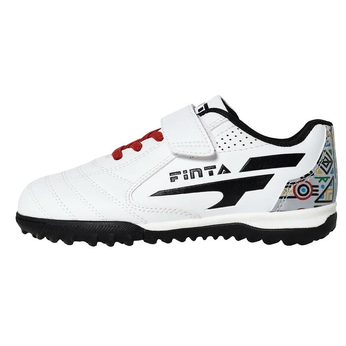 メーカー：フィンタ (FINTA)品名：ジュニア ガウショ PIPO TTV品番：FT7816-0100●アッパー合成皮革●アウトソールラバー●ミッドソール合成底(EVA)●カラーホワイト●対応グラウンド土・人工芝●生産国中国2026年秋冬モデルバックスタイルで差をつける！着脱がスムーズなマジックテープ仕様のジュニアトレーニングシューズ。サッカーやフットサルの日々のトレーニング、部活動に最適。【スピーディーに着脱できるマジックテープ(ベルクロ)仕様】甲部分には伸縮性のあるゴム紐を採用し、足首近くを太めのマジックテープでしっかりと固定する仕様です。靴紐を結ぶ手間が省けるため、小さなお子様やスムーズに脱ぎ履きしたい方に最適。プレー中にも紐がほどける心配がなく、足元をしっかりホールドして優れたフィット感を提供します。【土・人工芝対応のマルチアウトソール】抜群のグリップ力を発揮する細かな突起(スタッド)を配置したアウトソールを採用。土のグラウンドから人工芝まで幅広く対応し、激しいダッシュやストップ、ターン時にも滑りにくく、安定したステップをサポートします。 【遊び心あふれる鮮やかなヒールデザイン】かかと部分に施されたカラフルな幾何学(ジオメトリック)模様のプリントデザイン。シルバーのベース生地に映えるポップなグラフィックが、バックスタイルに強烈なインパクトを与えます。カラーはスタイリッシュなホワイト。●キーワード: FINTA フィンタ サッカー フットサル トレーニングシューズ トレシュー ベルクロ マジックテープ ターフコート ジュニア Jr キッズ 子供当店は他ネット店舗と在庫を共用しております。在庫更新のタイムラグの為に販売できない可能性があります。万が一、在庫切れの際はご容赦下さいませ。