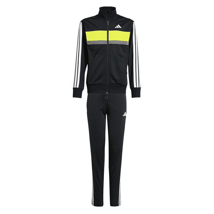 メーカー：アディダス (adidas)品名：キッズ シーズナル エッセンシャルズ Tiberio スリーストライプス トリコット トラックスーツ品番：KQG66-KZ0107●素材ポリエステル100%●カラートップス：ブラック/ホワイト/ピュアレモンボトムス：ブラック/ホワイト●サイズ130/140/150/1602026年モデル練習の帰り道も、友達の家でくつろぐときも、このジュニア向けのトラックスーツを着ていれば、いつも快適。滑らかなトリコット素材を使用し、ジャケット内の暖気を逃さないリブ仕上げの袖口を備えている。CLIMACOOLテクノロジーが身体を涼しくドライに保つから、パフォーマンスを発揮することに集中できる。目を引くカラーコンビネーションとシグネチャーのスリーストライプスが、アディダスらしいルックスを演出している。CLIMACOOL搭載の生地が、汗を素早く吸収・発散し、衣服内の蒸れを抑え、速乾性に優れたファイバーが、さらりとした爽やかな肌触りを生む。※画像はイメージです。実際の商品とは色味が異なる場合がございます。●キーワード: adidas アディダストラックスーツ ジャージ ジャケット 長袖 ロングパンツ 上下セット セットアップ トレーニングウェア ジュニア Jr キッズ 子供当店は他ネット店舗と在庫を共用しております。在庫更新のタイムラグの為に販売できない可能性があります。万が一、在庫切れの際はご容赦下さいませ。