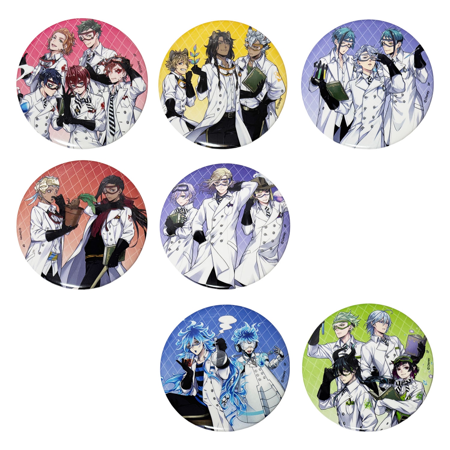 [公式] 『ディズニー ツイステッドワンダーランド』 リドル エース デュース トレイ ケイト レオナ ジャック ラギー アズール ジェイド フロイド カリム ジャミル ヴィル エペル ルーク ブラインド 缶バッジコレクション 実験着集合 全7種 BOX コンプリートセット