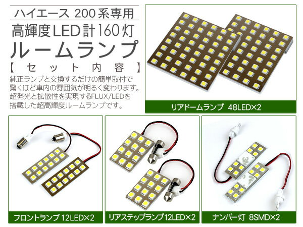 ハイエース 200系 レジアスエース LEDルームランプ 8点セット/SMD160灯 標準/ワイドボディ 内装 カスタム パーツ