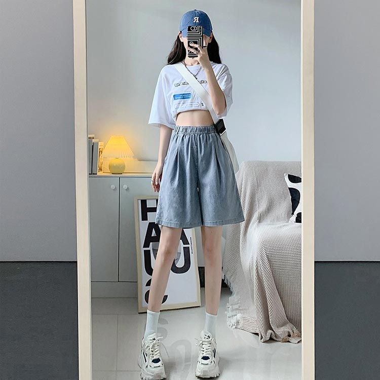 薄手 五分丈 ひんやり ゆるパンツ 夏 デニム 接触冷感 ガウチョパンツ ボトムス キ...