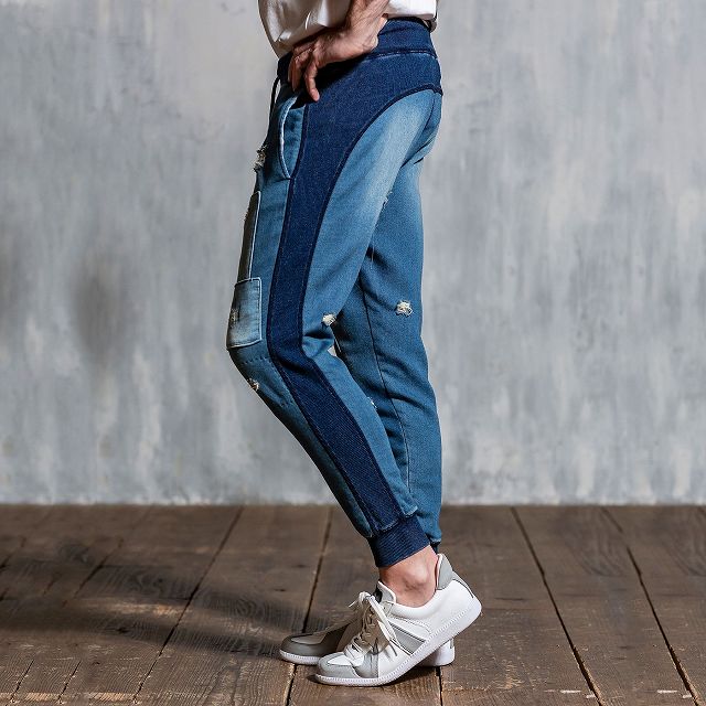 1PIU1UGUALE3 RELAX ウノピゥウノウグァーレトレ ダメージ ジョグパンツ デニムパンツ ジーパン ボトムス ズボン メンズ おしゃれ かっこいい ブランド ウノピュウ