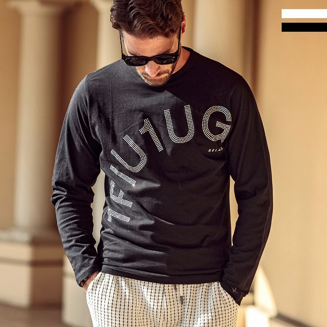 1PIU1UGUALE3 RELAX ウノピゥウノウグァーレトレ ラインストーン ロゴ 長袖Tシャツ ロンT カットソー メンズ おしゃれ かっこいい ブランド...