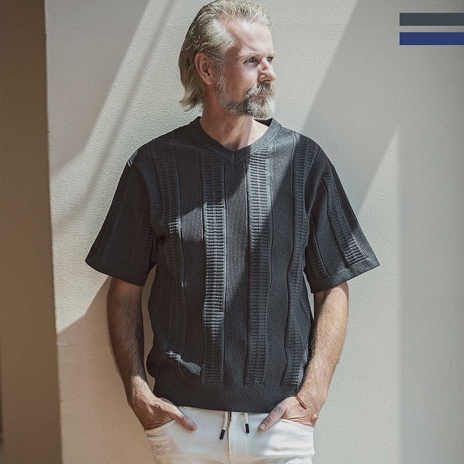 AKM Contemporary エイケイエムコンテンポラリー ランダムストライプ サマーニット 半袖Tシャツ メンズ かっこいい おしゃれ ブランド