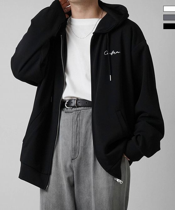 Confirm コンファーム ワンポイント刺繍 ビッグシルエット ドレープとろみ ポンチフルジップパーカー フーディー ユニセックス おしゃれ かっこいい ブラ...