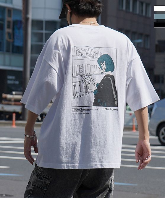 樂天商城 - ILL'S イルズ ブックガール イラストバックプリント / ワンポイント刺繍 ビッグシルエット半袖Tシャツ ユニセックス おしゃれ かっこいい ブランド